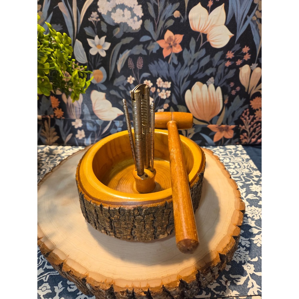 Rustic‎ Wooden Nutcracker Bowl Set with Hammer and Picks Vintage